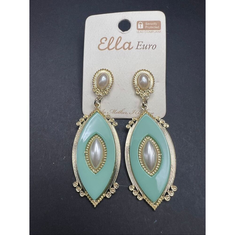 New! Ella Euro Light Blue Marquise Gold Tone Faux Pearl Earrings